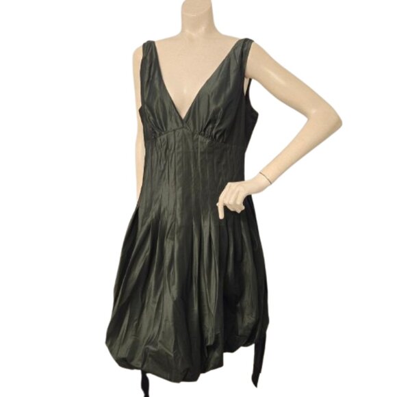 JNY Emerald Green Olive Fitted Bubble Hem Cocktail Dress Bubble Skirt Satin - Picture 2 of 9